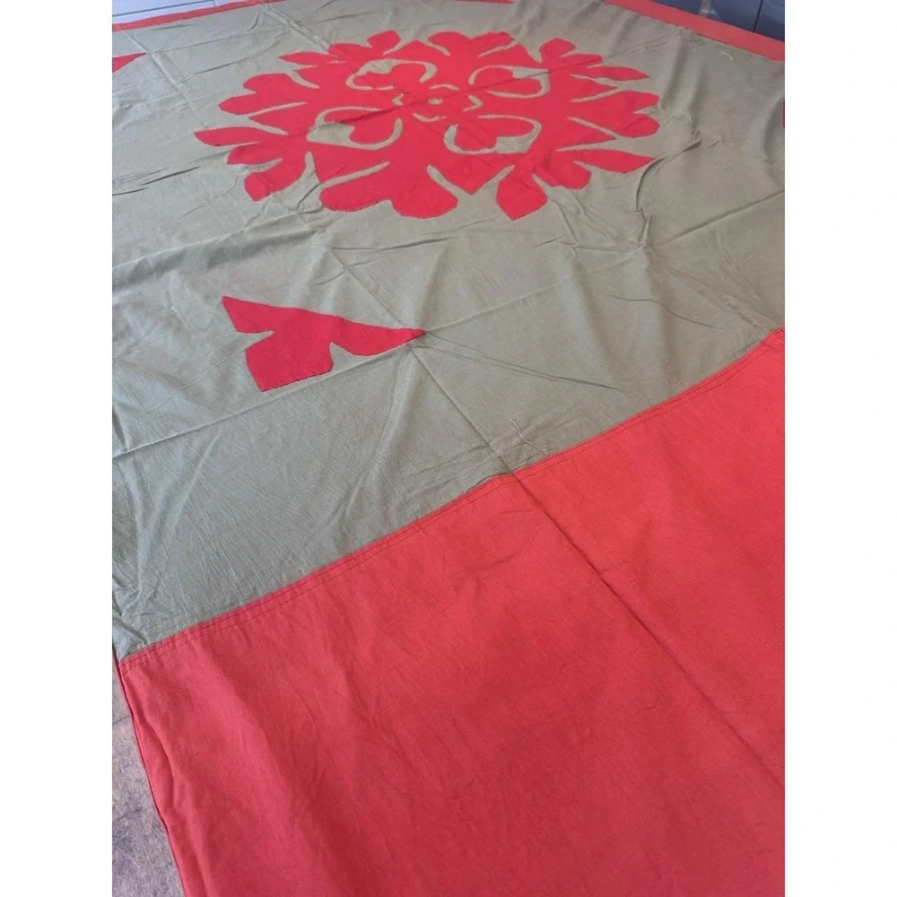 Handmade Hawaiian Applique Cotton Bedspread 2 Pillowcases Olive Coral Boho